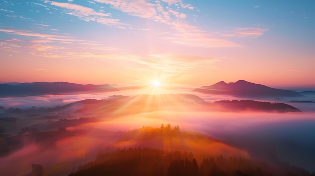 Photo an aerial view of a sunrise over a misty valley with mountains in the distance