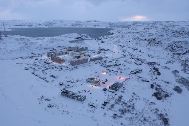 Aerial view of Teriberka village at the North of Russia at Barents sea coast