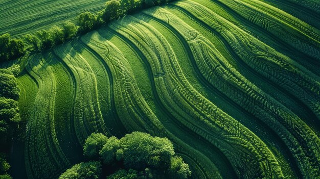 Photo aerial view of terraced green fields in a rural landscape concept of agricultural beauty and sustainable farming