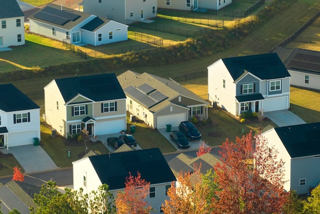 Aerial view of tightly packed homes in South Carolina residential area New family houses as example of real estate development in american suburbs