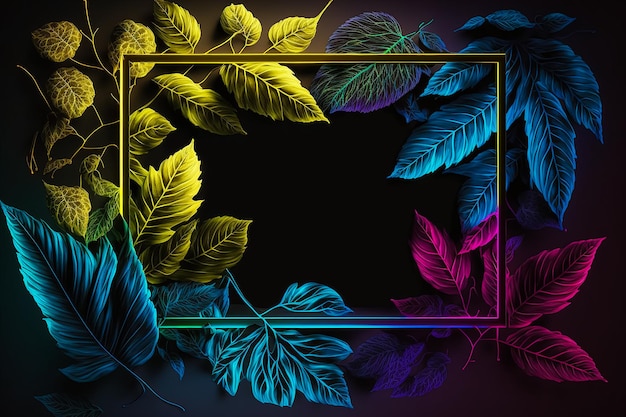 Aesthetic leaf frame background, neon botanical design, copy space. AI Generated