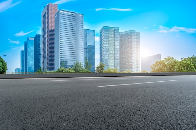 Air highway asphalt road and office building of commercial building in modern city