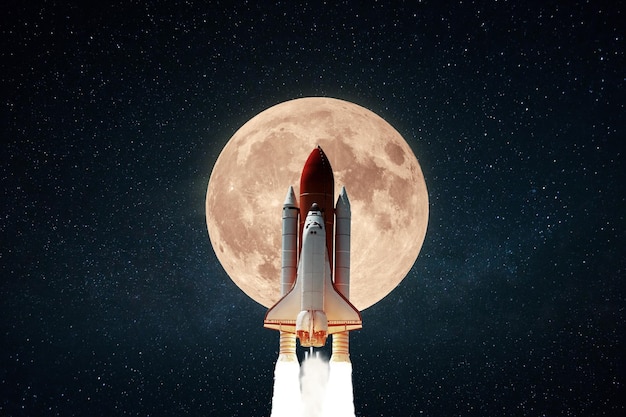 Amazing space shuttle rocket with blast successfully takes off into the starry sky with a big full moon The beginning of the lunar mission and space ship launch Science and technology concept