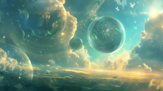 Amazing view of a beautiful alien landscape with multiple planets and moons There are clouds and a bright light in the background