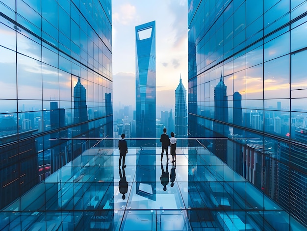 Photo ambitious professionals collaborating in a towering skyscraper office building