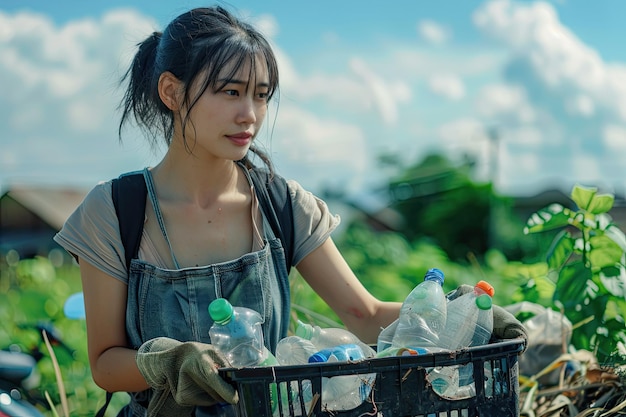 Фото Азиатка собирает мусор и держит контейнер с пластиковыми бутылками на открытом воздухе