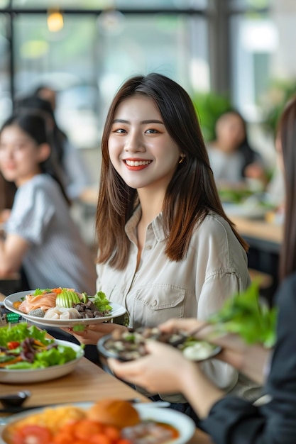 사진 동료 들 과 함께 건강 한 점심 을 즐기는 아시아인 여자