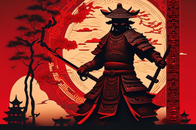 Ancient Chinese style samurai king totem silhouette detailed perfect compositionline graphic