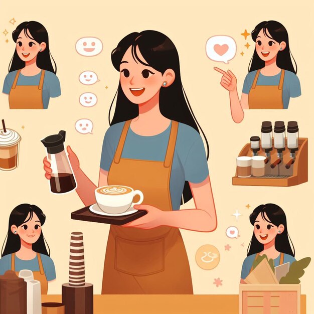 Photo animation of a barista woman beautiful serving coffee