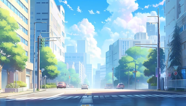 Photo anime background illsutration atmosphere of a empty street in the middle of a beautiful city
