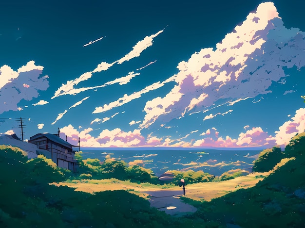 Photo anime countryside landscape