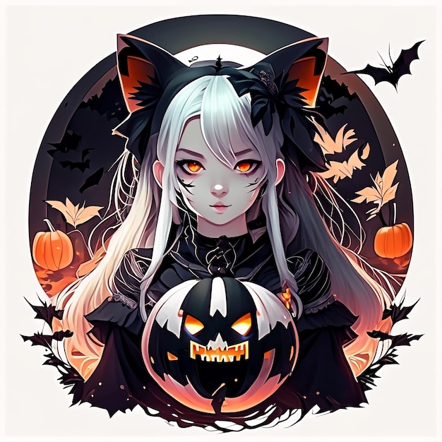 Anime halloween girl and pumpkin night