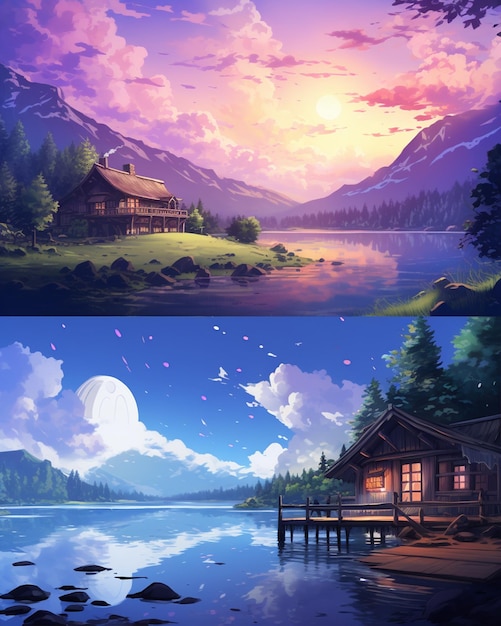 Photo anime painting of river and lake