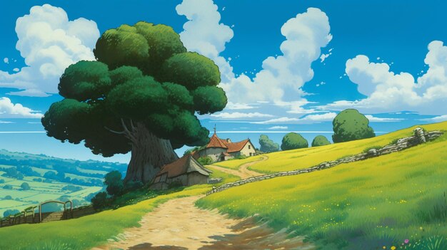 Photo anime scene of a farm with a tree and a house generative ai