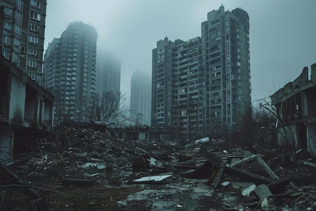 Apocalyptic urban landscape in fog