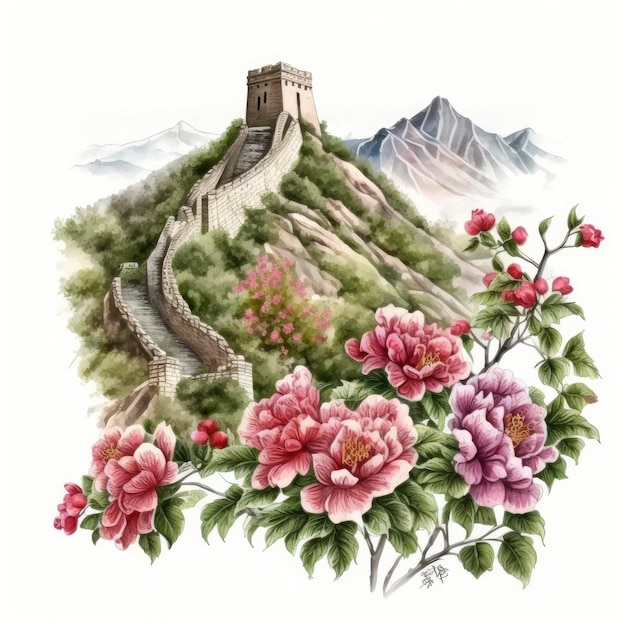 Aquarel schilderij van de Chinese muur