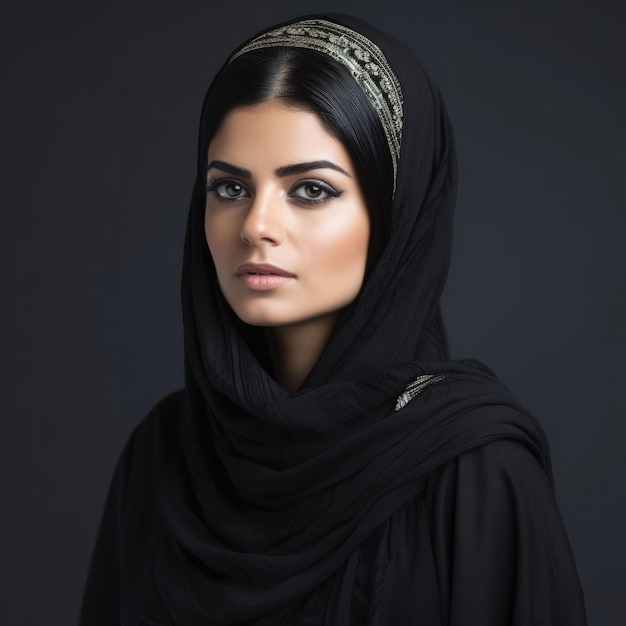 Arabian woman black hair with dark studio background shot