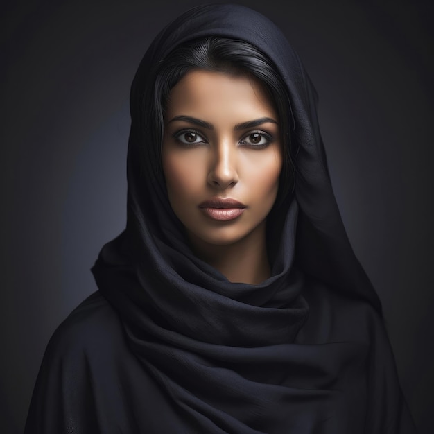 Arabian woman black hair with dark studio background shot