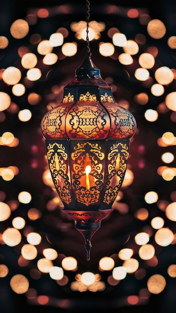 Photo arabic lantern with burning candle and bokeh lights in background ramadan