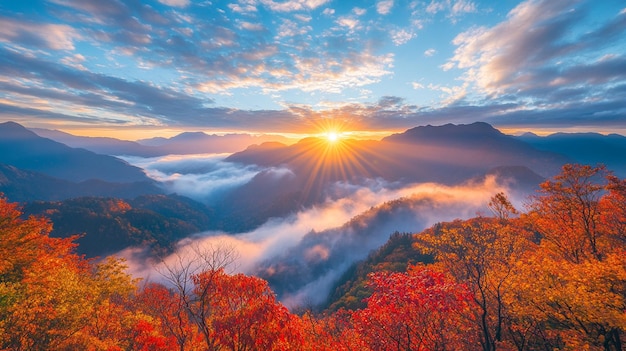 Photo arafed view of a mountain range with a sun setting over the clouds generative ai