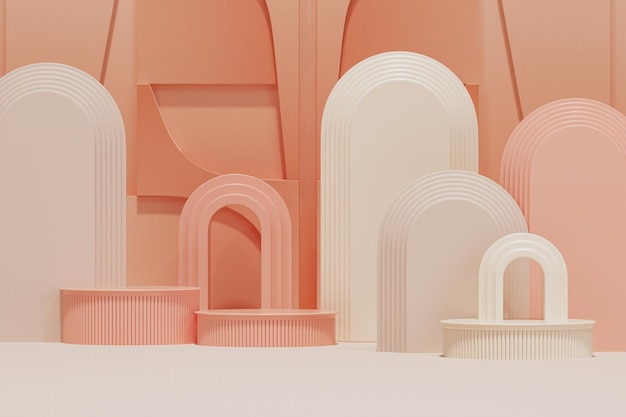 arch podium and abstract background.White and beige , pink colors scene. Trendy 3d render for social