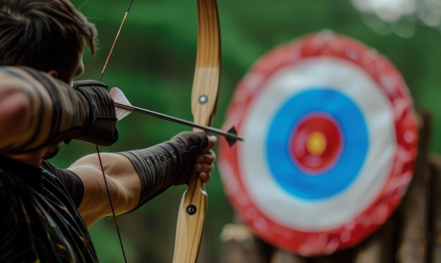 Photo an archers body aiming a bow with the target in the background