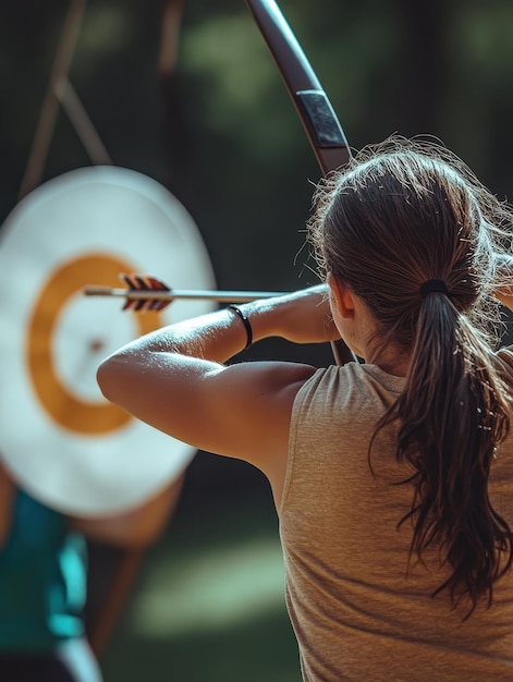 Photo archery challenge teammates aiming for bullseyes in a friendly competition