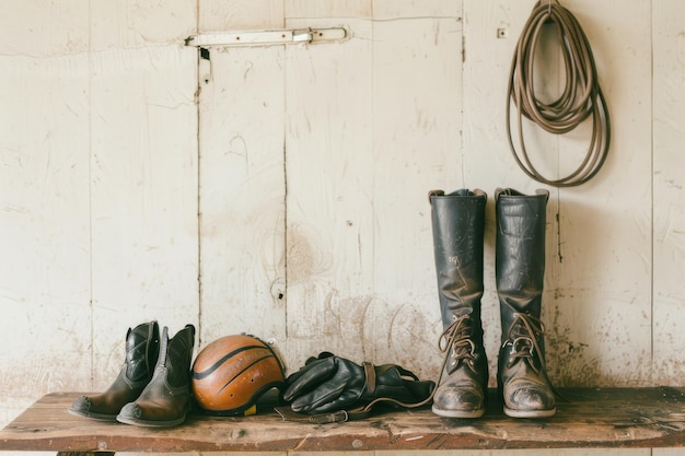 Photo an array of wellworn riding gear including boots gloves and a helmet displayed against a rustic wooden wall backdrop exuding a rugged charm