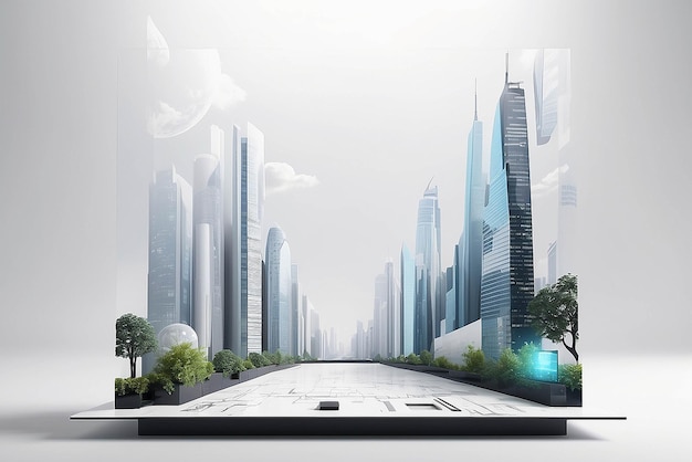 Art in a virtual cityscape with interactive elements mockup with blank white empty space for placing your design