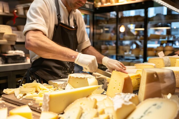 Photo artisan cheese shop with skilled worker preparing cheese varieties