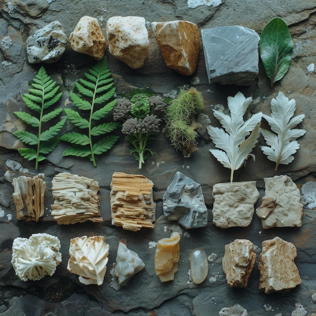 Photo artistic rock collection with greenery and stones natural decorations