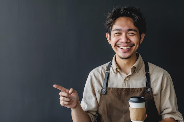 Photo asian barista smiling and pointing to the right side while holding a cup of coffee