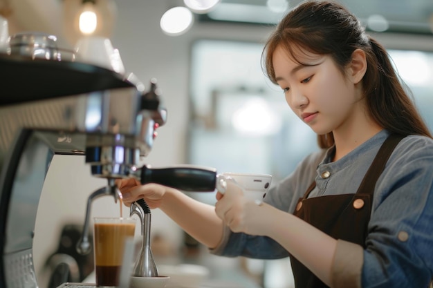 Photo an asian chinese female barista making coffee with coffee machine at the cafe