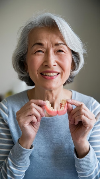 Photo asian elderly woman patient holding to use denture healthy strong medical concept