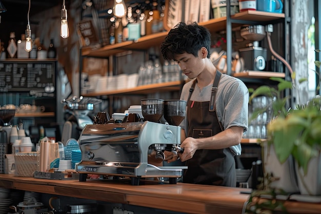 Photo an asian entrepreneur or barista working in modern coffee shop concept small business