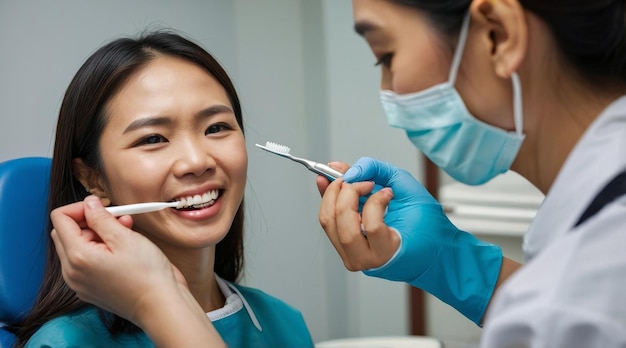 Photo asian female dentist demonstrating teeth brushing tech