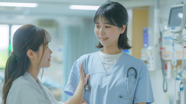 Photo asian female doctor comforting stressed woman patient at hospital