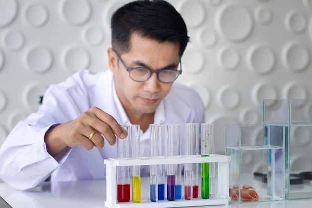 Photo asian male medical or scientific using color test tube with fish tank