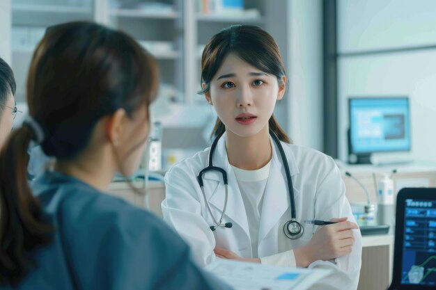 Photo asian male medical staff discuss test results with stressed female patient