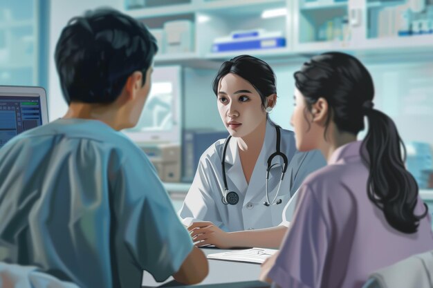 Photo asian male medical staff discuss test results with stressed female patient