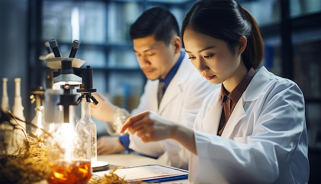 Photo asian scientist team has researching in the laboratory microbiologist or medical worker use test