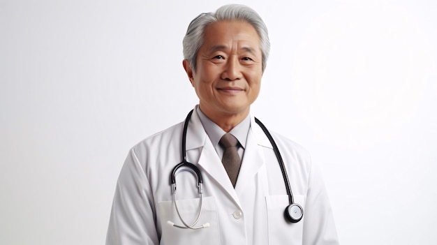 Photo asian senior male doctor with stethoscope on white background