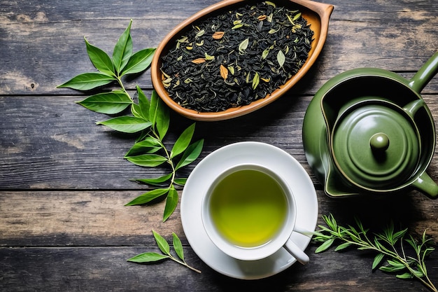 Photo asian tea ceremony grunge teapot with dry leaf bowl on black background