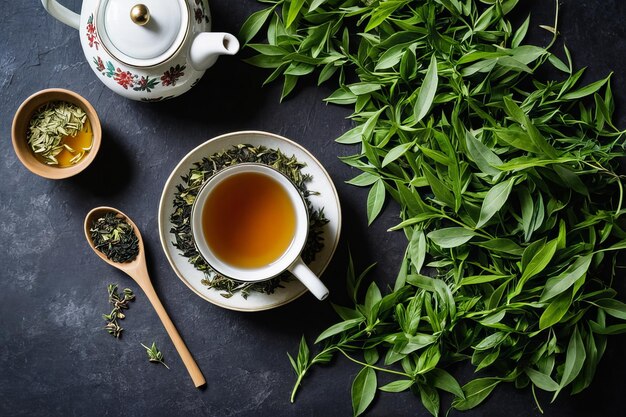 Photo asian tea ceremony grunge teapot with dry leaf bowl on black background