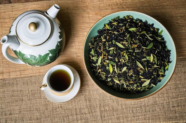 Photo asian tea ceremony grunge teapot with dry leaf bowl on black background