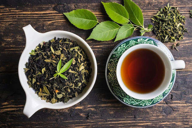 Photo asian tea ceremony grunge teapot with dry leaf bowl on black background