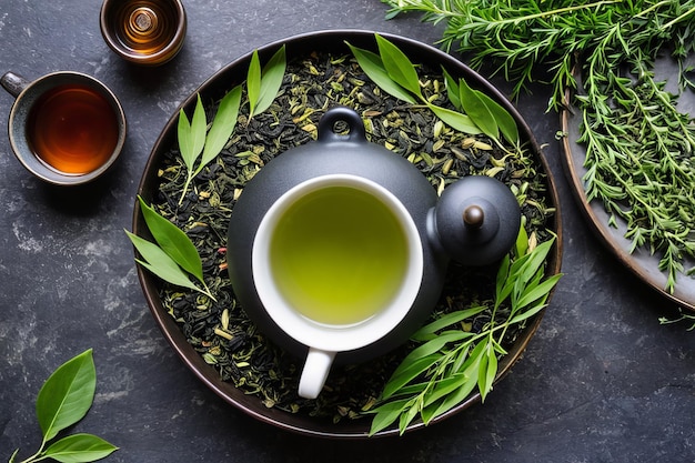 Photo asian tea ceremony grunge teapot with dry leaf bowl on black background