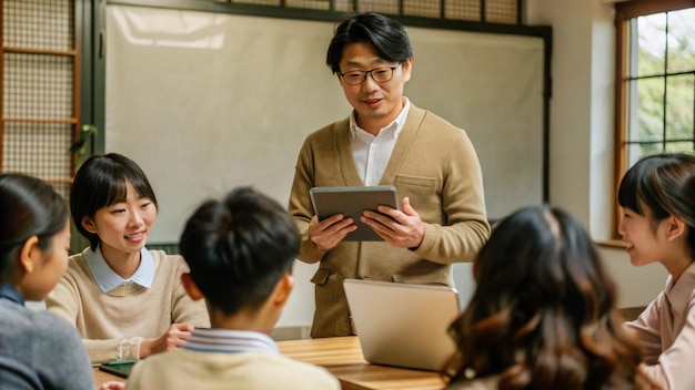 Photo asian teacher shows students something on the tablet