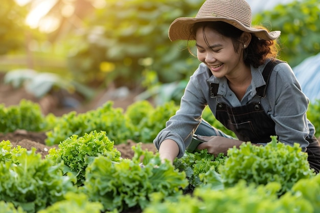 Photo asian woman farmer check salad vegetable growth and use tablet for control water