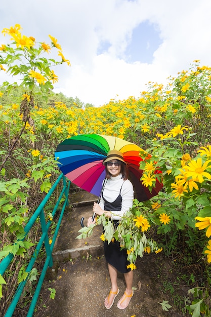 Asian woman hold multicolor umbrella.